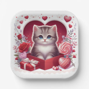 Kätzchen in Schachtel mit Blume und Geschenken Pappteller