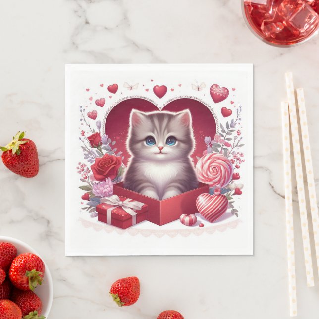Kätzchen in Schachtel mit Blume und Geschenken Serviette (Beispiel)