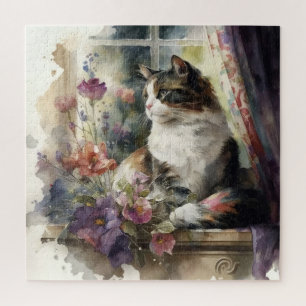 Kätzchen Katze Lila Blumen Fenster Sonnenlicht Puzzle