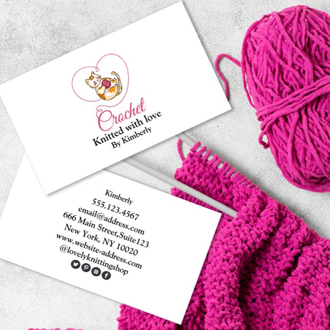 Kätzchen mit Herz-Crochet-Visitenkarte Visitenkarte (Kitten with heart crochet Business Card #zazzlemade #kittenbusinesscard #crchetbusinesscard #cute)