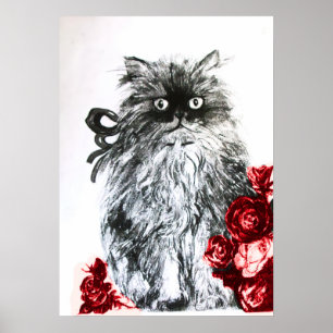 Kätzchen mit Rosen, Schwarz, Rot und Weiß Poster