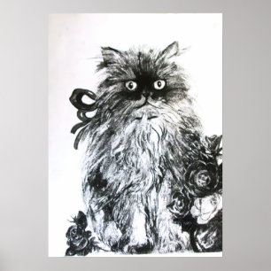Kätzchen mit Rosen, Schwarz und Weiß Poster