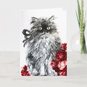KÄTZCHEN MIT ROTEN ROSEN ,Schwarz und Weiß Karte