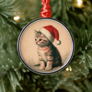 Kätzchen mit Santa-Hut Vintage Retro-Illustration Ornament Aus Metall