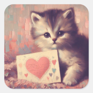 Kätzchen mit Vintager Valentinstich Quadratischer Aufkleber