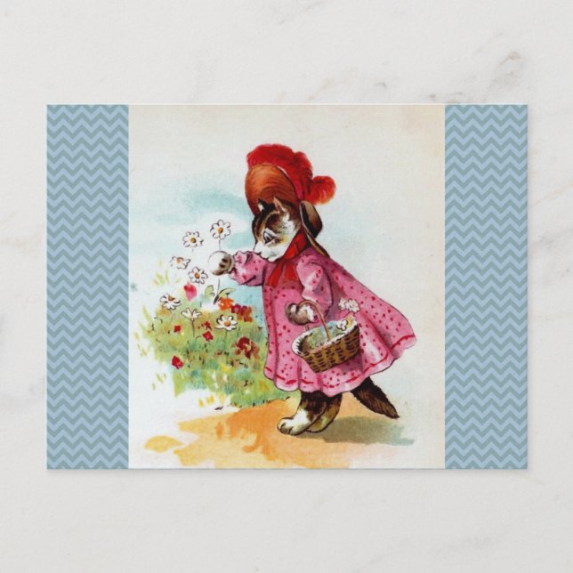 Kätzchen pflückt Blumen Postkarte (Vorderseite)