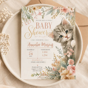 Kätzchen-Rosa-Blumen-Baby-Shower  Einladung