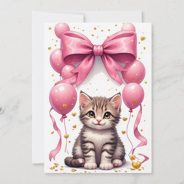 Kätzchen-Schleife und Ballons Geburtstagsfeier 🐱 (Vorderseite)