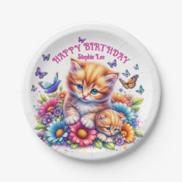 Kätzchen, Schmetterlinge und Blume Pappteller