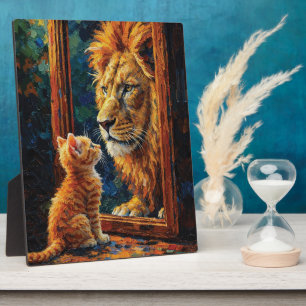 Kätzchen sieht Löwenreflexion Motivations-Impasto Fotoplatte
