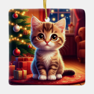 Kätzchen sitzt neben leuchtendem Weihnachtsbaum Keramikornament