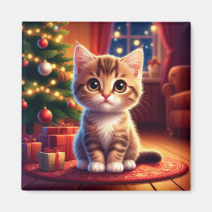 Kätzchen sitzt neben leuchtendem Weihnachtsbaum Magnet