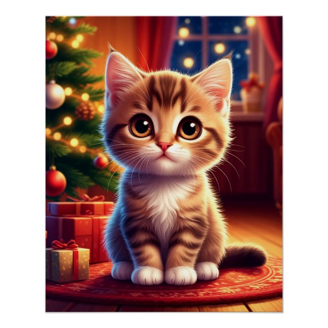 Kätzchen sitzt neben leuchtendem Weihnachtsbaum Poster (Vorderseite)