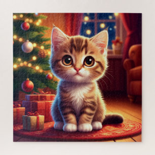 Kätzchen sitzt neben leuchtendem Weihnachtsbaum Puzzle
