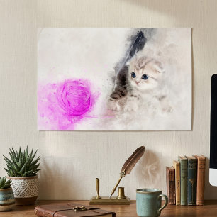 Kätzchen spielen mit rosa Garnkugel Aquarell Poster