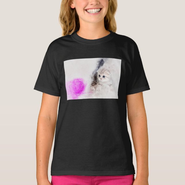 Kätzchen spielen mit rosa Garnkugel Aquarell T-Shirt (Vorderseite)