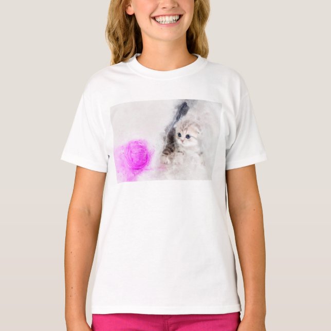 Kätzchen spielen mit rosa Garnkugel Aquarell T-Shirt (Vorderseite)
