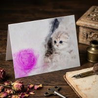Kätzchen spielt mit einem rosa Garnball Aquarell