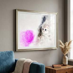 Kätzchen spielt mit einem rosa Garnball Aquarell Fotodruck