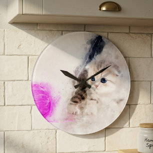 Kätzchen spielt mit einem rosa Garnball Aquarell Große Wanduhr