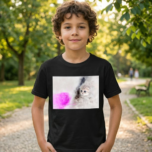 Kätzchen spielt mit einem rosa Garnball Aquarell T-Shirt