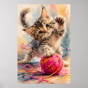 Kätzchen spielt mit rosa Garn Katzenliebhaber Poster