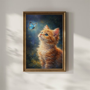 Kätzchen und blauer Schmetterling Poster