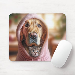 Kätzchen und Golden Retriever in einem rosa Kapuze Mousepad