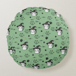Kätzchen und Paw Prints in dunkelmeergrüner Farbe Rundes Kissen