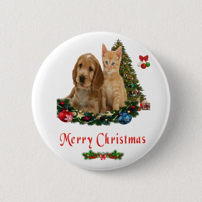 Kätzchen und Welpe Weihnachtsbutton Button (Vorderseite)