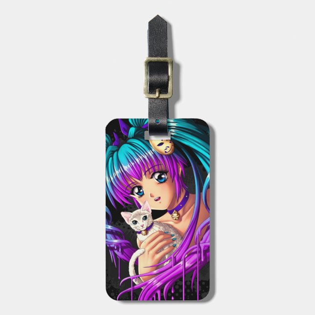 Kätzchen und Zopf Manga Mädchen Gepäckanhänger (Vorderseite vertikal)