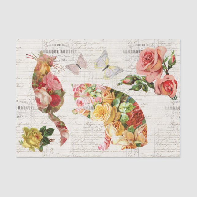Kätzchen Vintag Rosa Gelbe Rosen Französisches Gew Seidenpapier (Vorderseite)