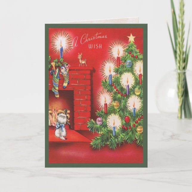 Kätzchen wartete Weihnachtsmorgen-Karte Feiertagskarte (Vorderseite)