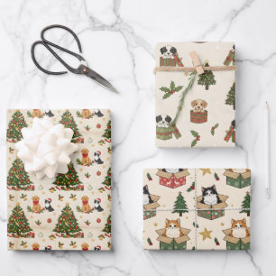 Kätzchen-, Welpen- und Weihnachtsbaum-Muster Geschenkpapier Set