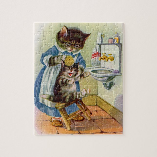 Kätzchenmama der 30er wäscht ihr Kätzchen Puzzle (Vertikal)