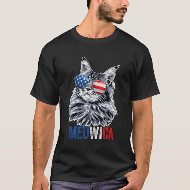 Katze 4th July Meowica Sonnenbrille Amerikanische  T-Shirt (Vorderseite)
