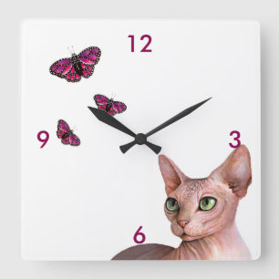 Katze 578 Sphynx Sphinx-Katzen-Rosa-Schmetterling Quadratische Wanduhr