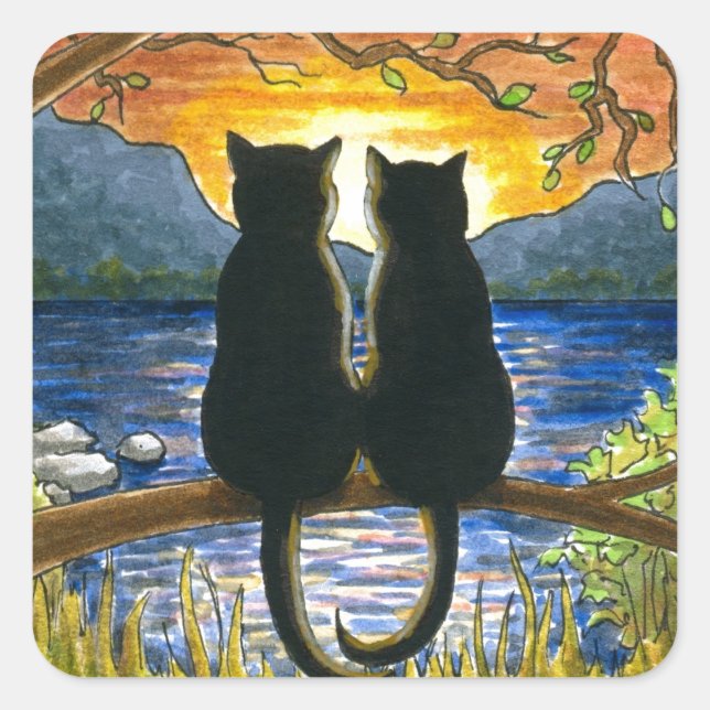 Katze 582 schwarze Katzen Quadratischer Aufkleber (Vorderseite)