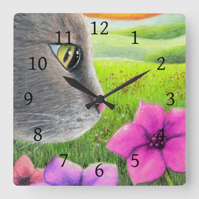 Katze 647 Blume Quadratische Wanduhr (Vorderseite)