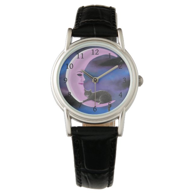 Katze 661 Rosa Mond Armbanduhr (Vorderseite)