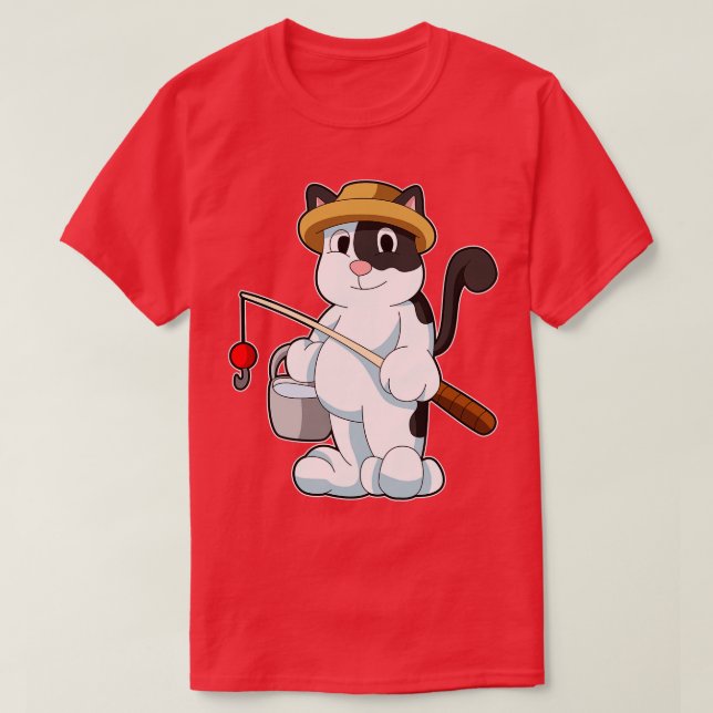 Katze als Angler mit Eimer Wasser T-Shirt (Design vorne)