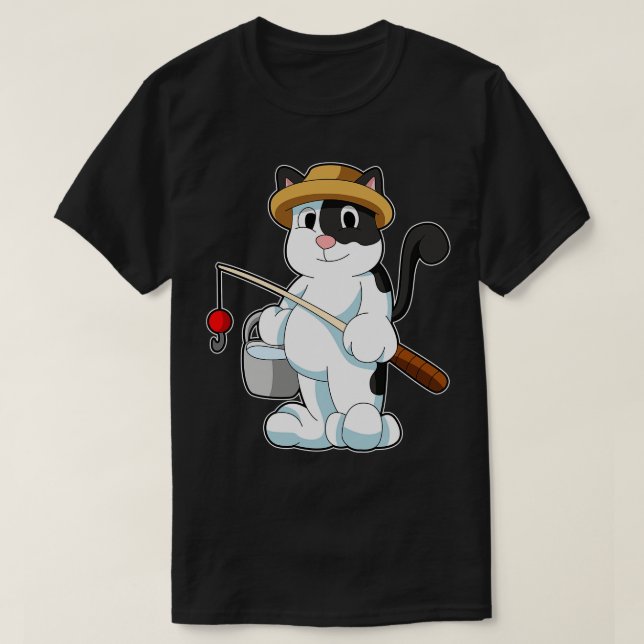 Katze als Angler mit Eimer Wasser T-Shirt (Design vorne)