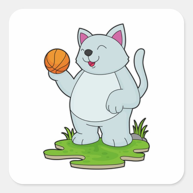 Katze als Basketballspieler mit Basketball Quadratischer Aufkleber (Vorderseite)