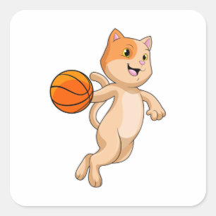 Katze als Basketballspieler mit Basketball Quadratischer Aufkleber