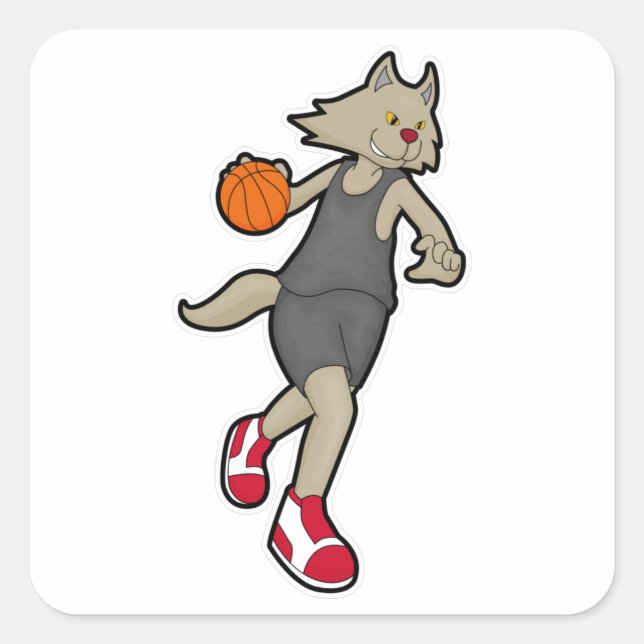 Katze als Basketballspieler mit Basketball Quadratischer Aufkleber (Vorderseite)