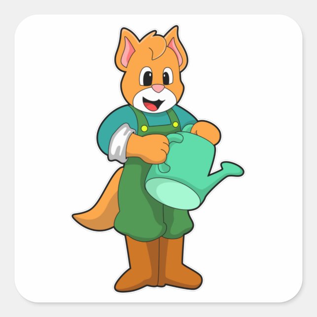 Katze als Bauer mit Wasserkocher Quadratischer Aufkleber (Vorderseite)