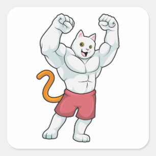 Katze als Bodybuilder mit großen Muskeln Quadratischer Aufkleber