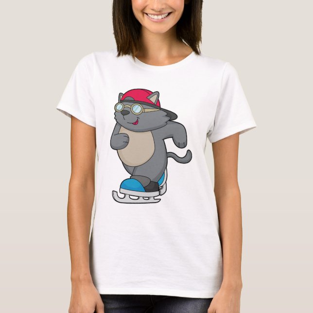 Katze als Eis-Skater mit Eis-Skaten T-Shirt (Vorderseite)