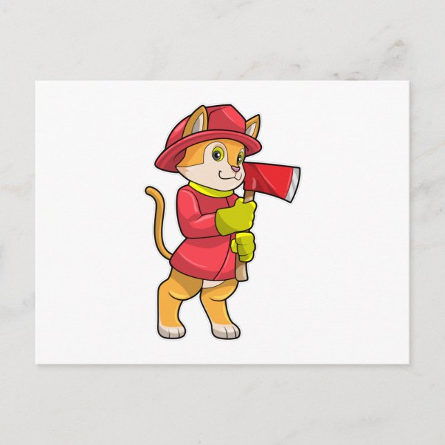 Katze als Feuerwehrmann mit Ax Postkarte (Vorderseite)