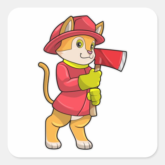 Katze als Feuerwehrmann mit Ax Quadratischer Aufkleber (Vorderseite)